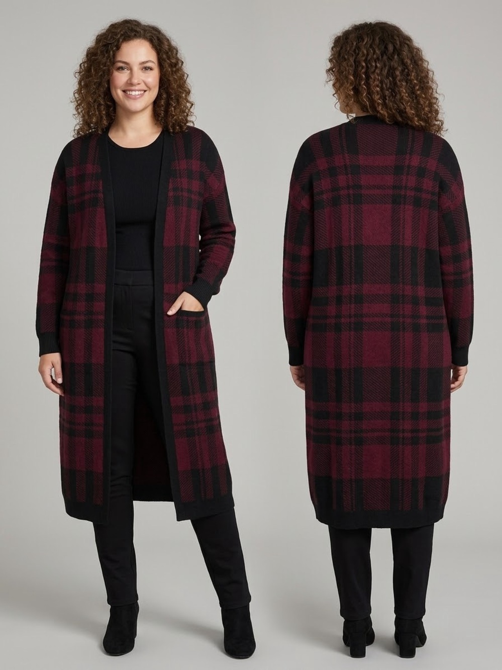 Magaschoni Burgundy and Black Plaid Open-Front Long Cardigan